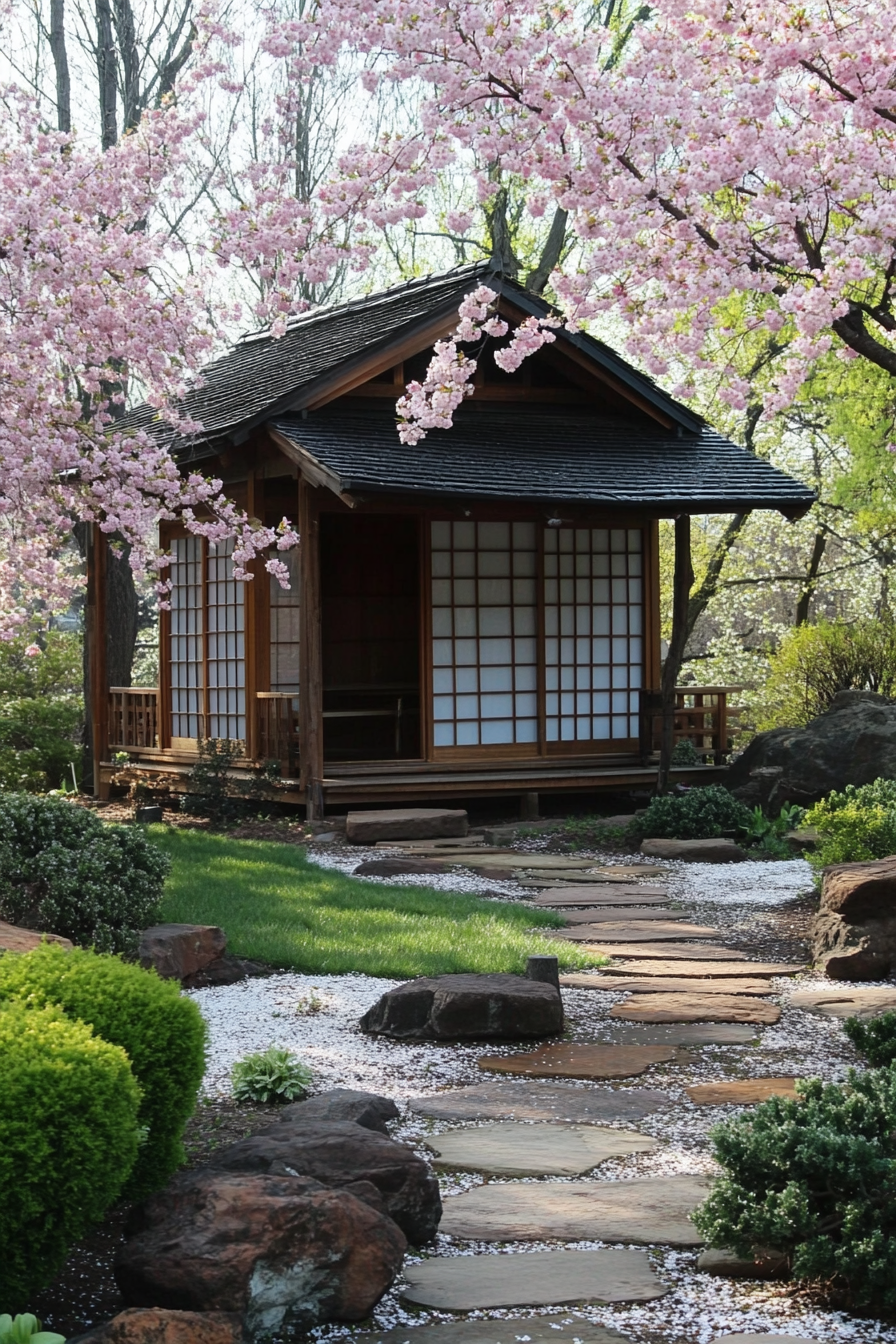 Backyard garden retreat. Japanese style teahouse among cherry blossom trees.