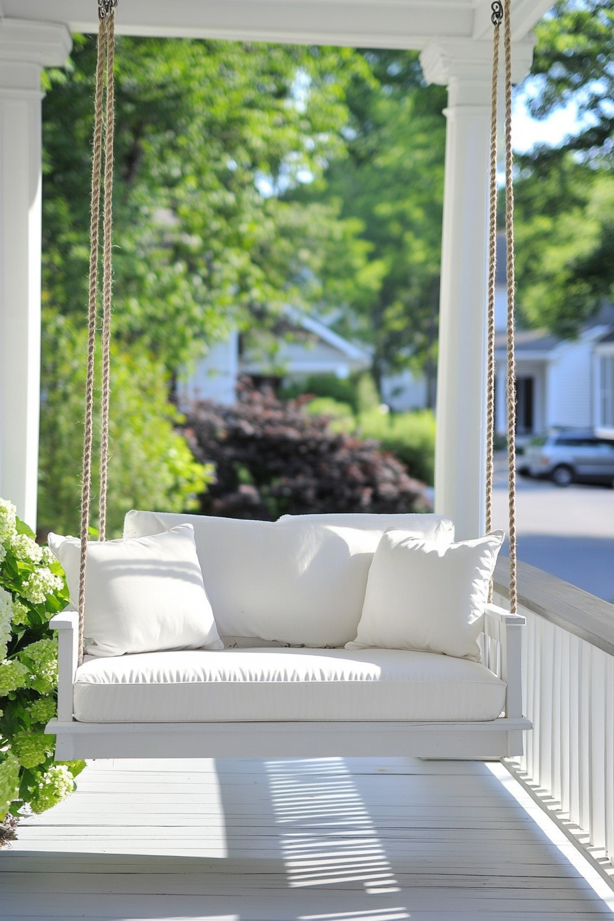 Front porch design. Traditional swing with soft white cushions.