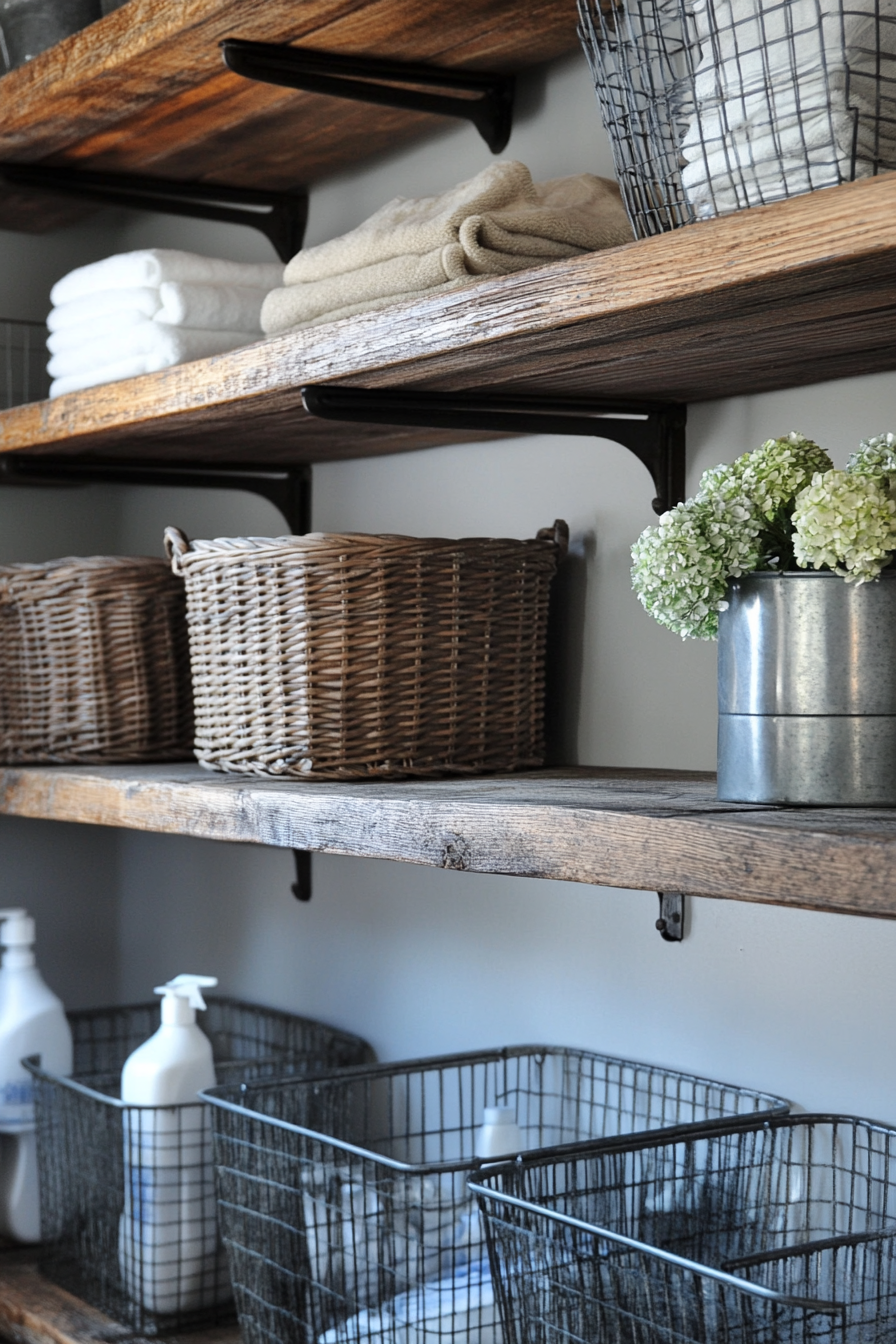 Vintage-modern laundry room. Wooden shelving with antique metal laundry baskets.