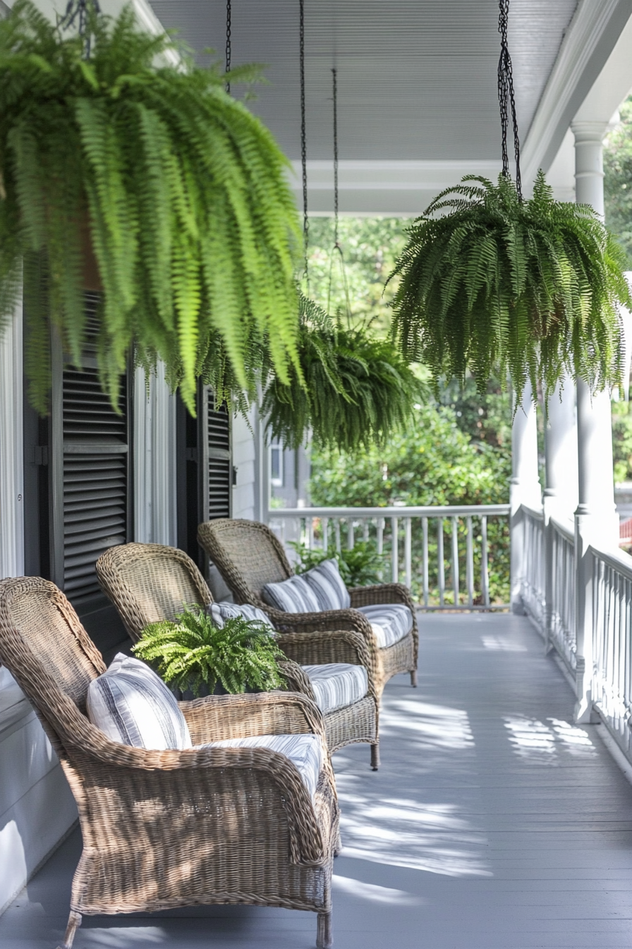 Front porch design. Hanging Boston ferns with cushioned wicker chairs.