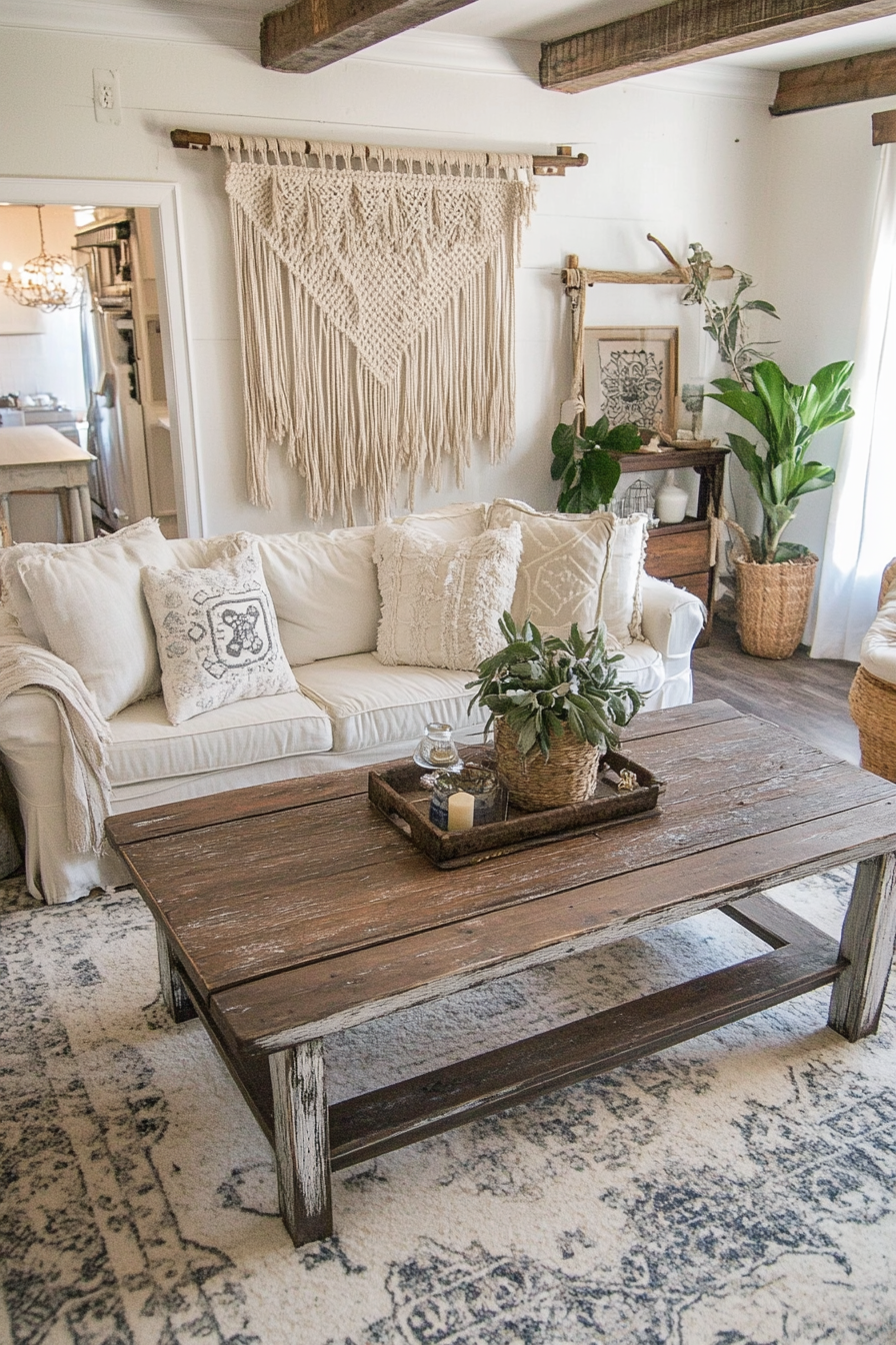 Boho-Farmhouse living space. Distressed wooden coffee table with macrame decor.