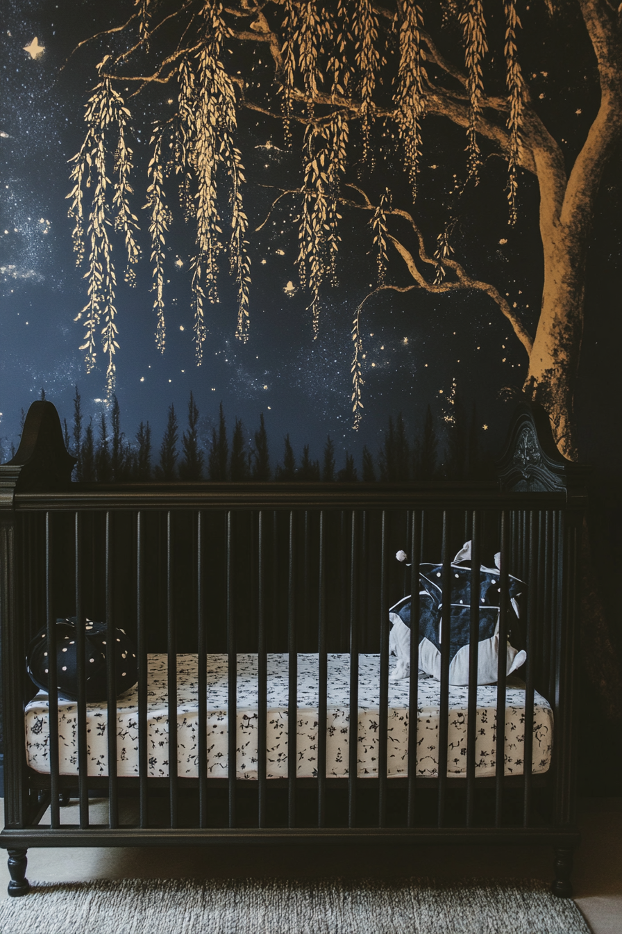 Woodland nursery. Starry knight wallpaper with weeping willow crib.