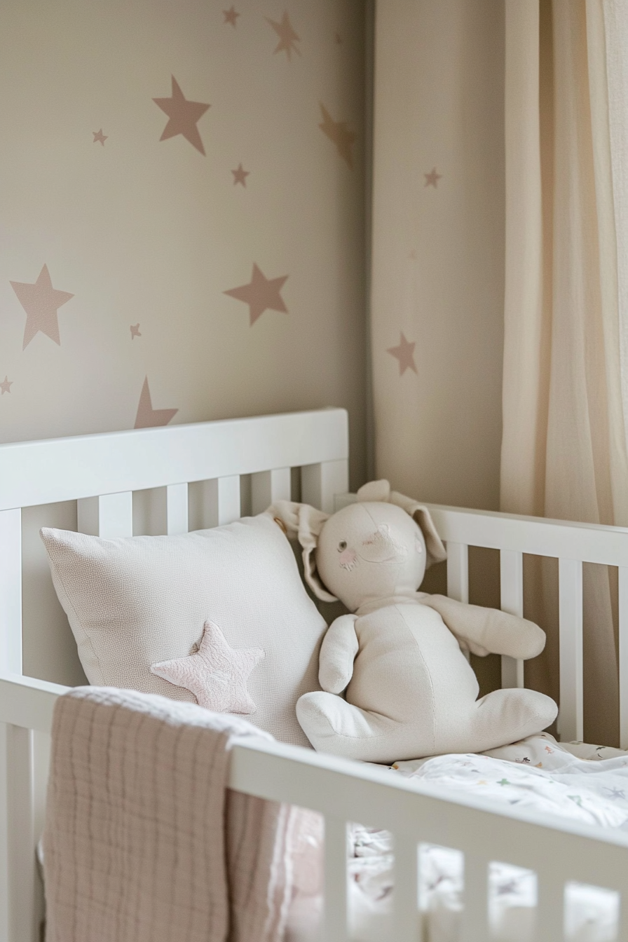 Contemporary baby room. Pastel-color wallpaper with stars and white oak crib.