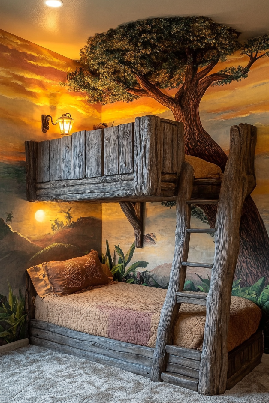 Bedroom design. Bunk bed with built-in treehouse and sunset mural on the wall.