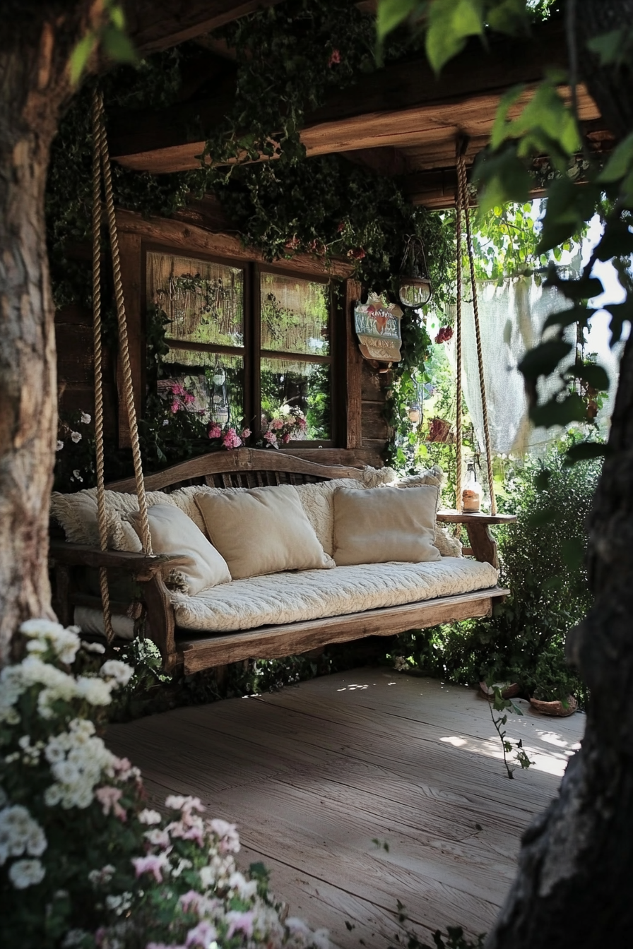 Front porch design. Wooden swing with plush ivory cushions.