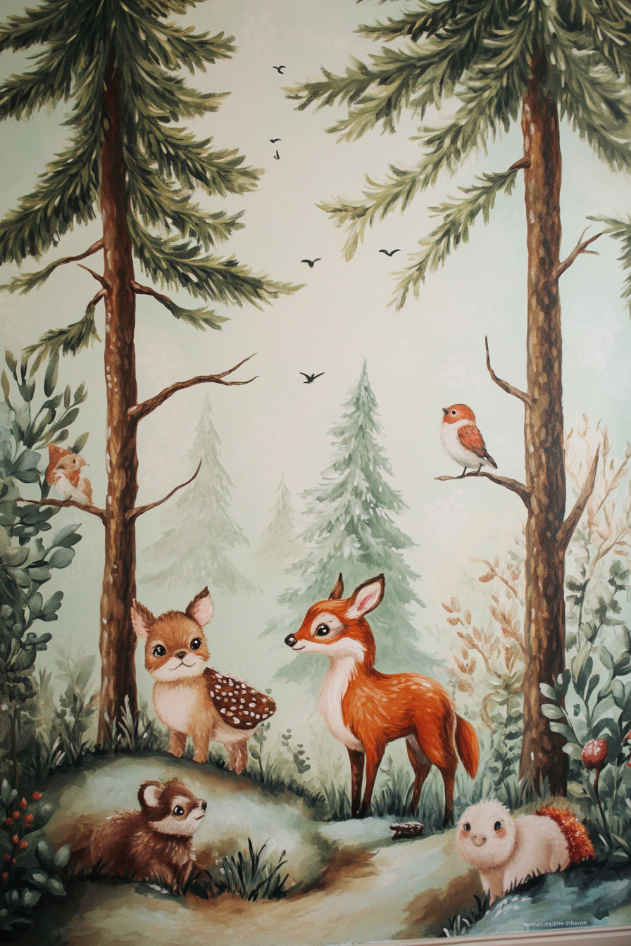 Woodland nursery. Mural with assorted plush forest animals and tall pine trees.