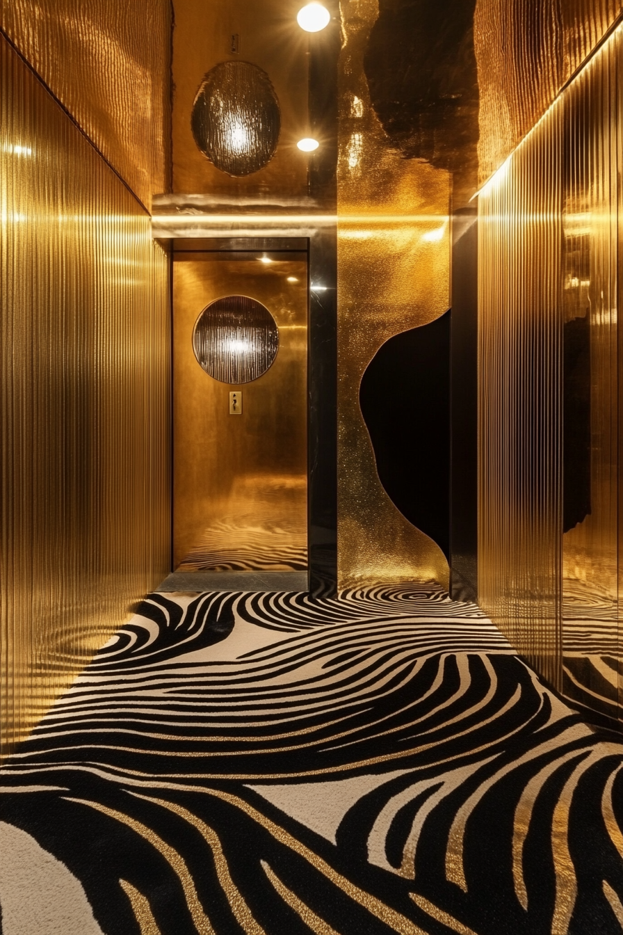 Maximalist-minimalist entryway. Monochrome rug with oversized gold mirror.