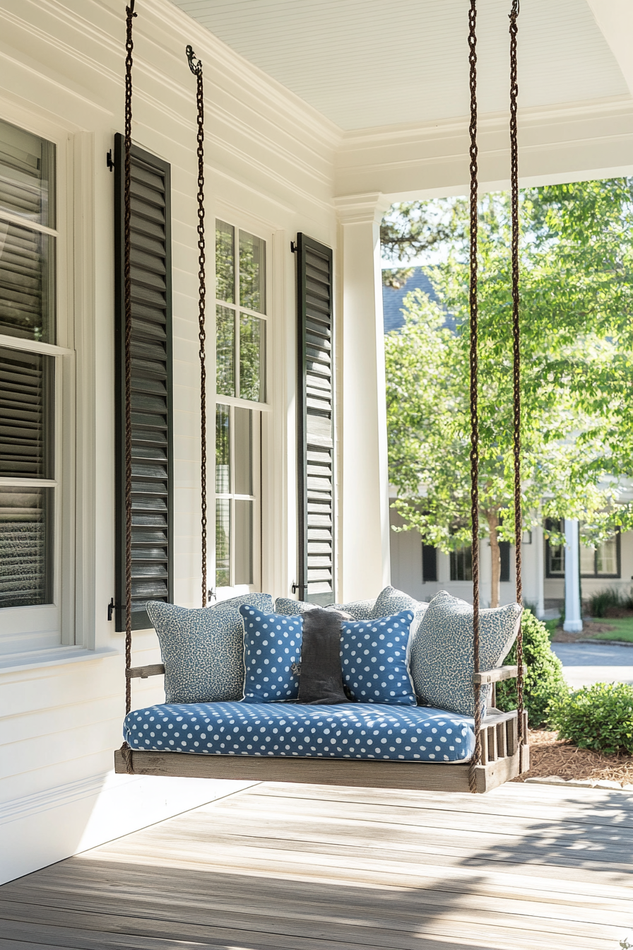 Front porch design. Swing chair with blue-polka-dot cushions.