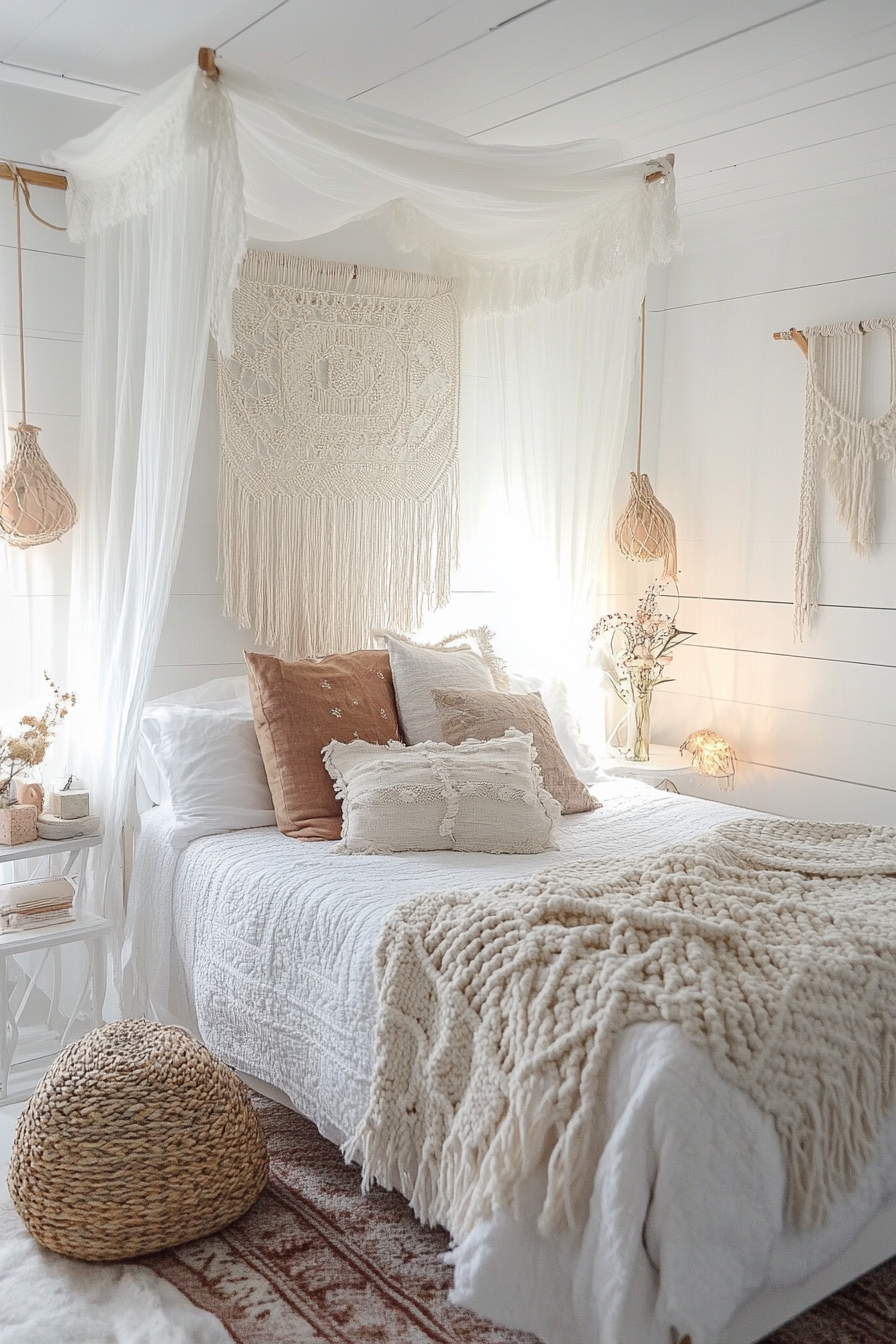 Teen boho bedroom. Macrame wall hanging over a white canopy bed.