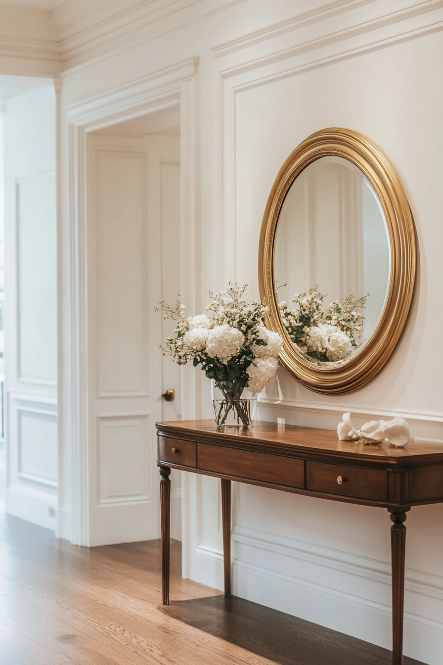 Entryway design. Grand gold mirror against white simplistic wall.