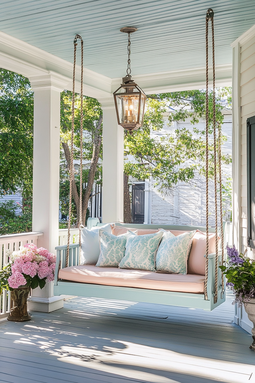 Front porch design. Swing bench with pastel-colored cushions.