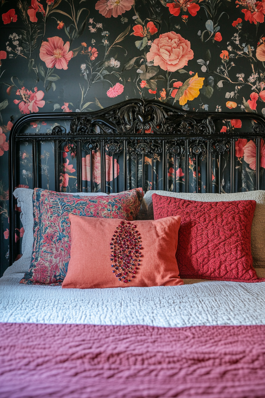 Cottagecore-Industrial bedroom. Metal bejeweled headboard against floral wallpaper.