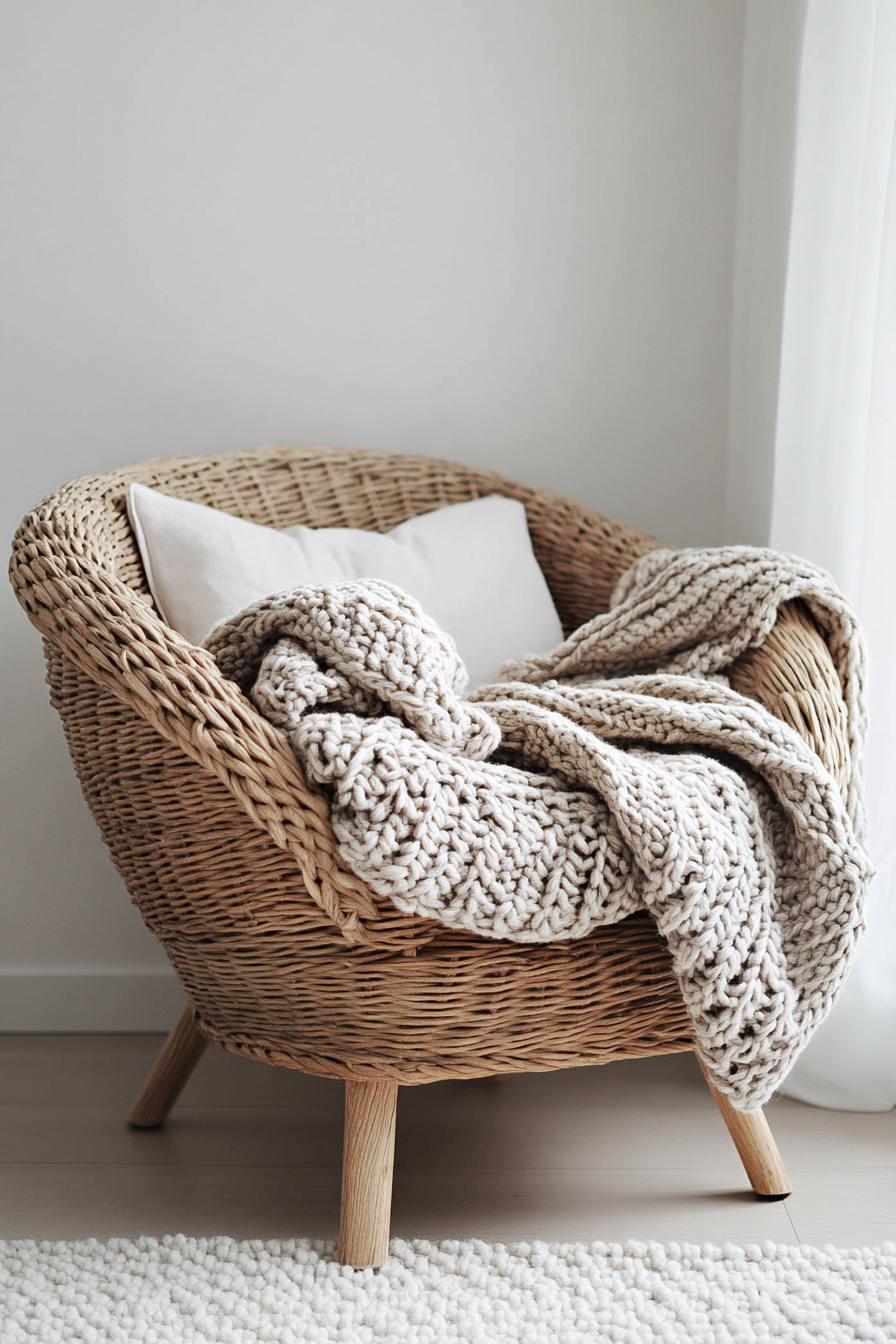 Living space. Rattan armchair with knitted taupe throw blanket.