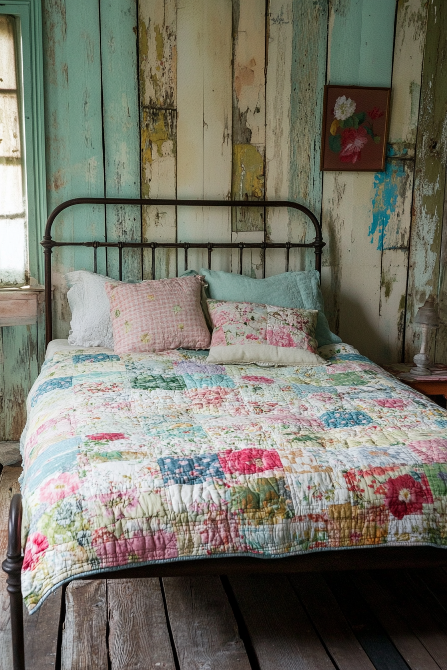 Cottagecore-Industrial bedroom. Iron bed with floral patterned patchwork quilt.