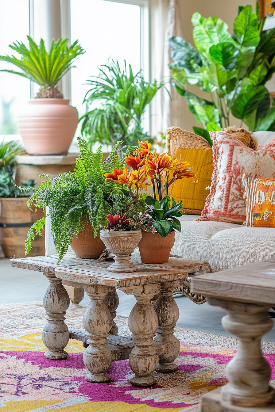 Boho-Farmhouse Living Space. Distressed wooden plant stands with lots of vibrant foliage.