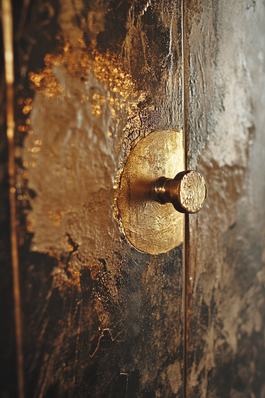 Glam-Rustic Bathroom. Mirror with tarnished gold leaf finish.