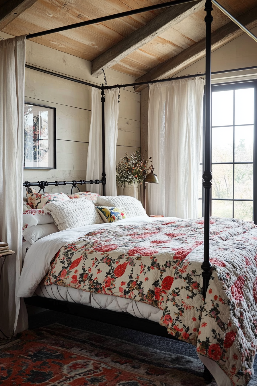 Cottagecore-industrial bedroom. Iron-canopy bed with floral quilt.