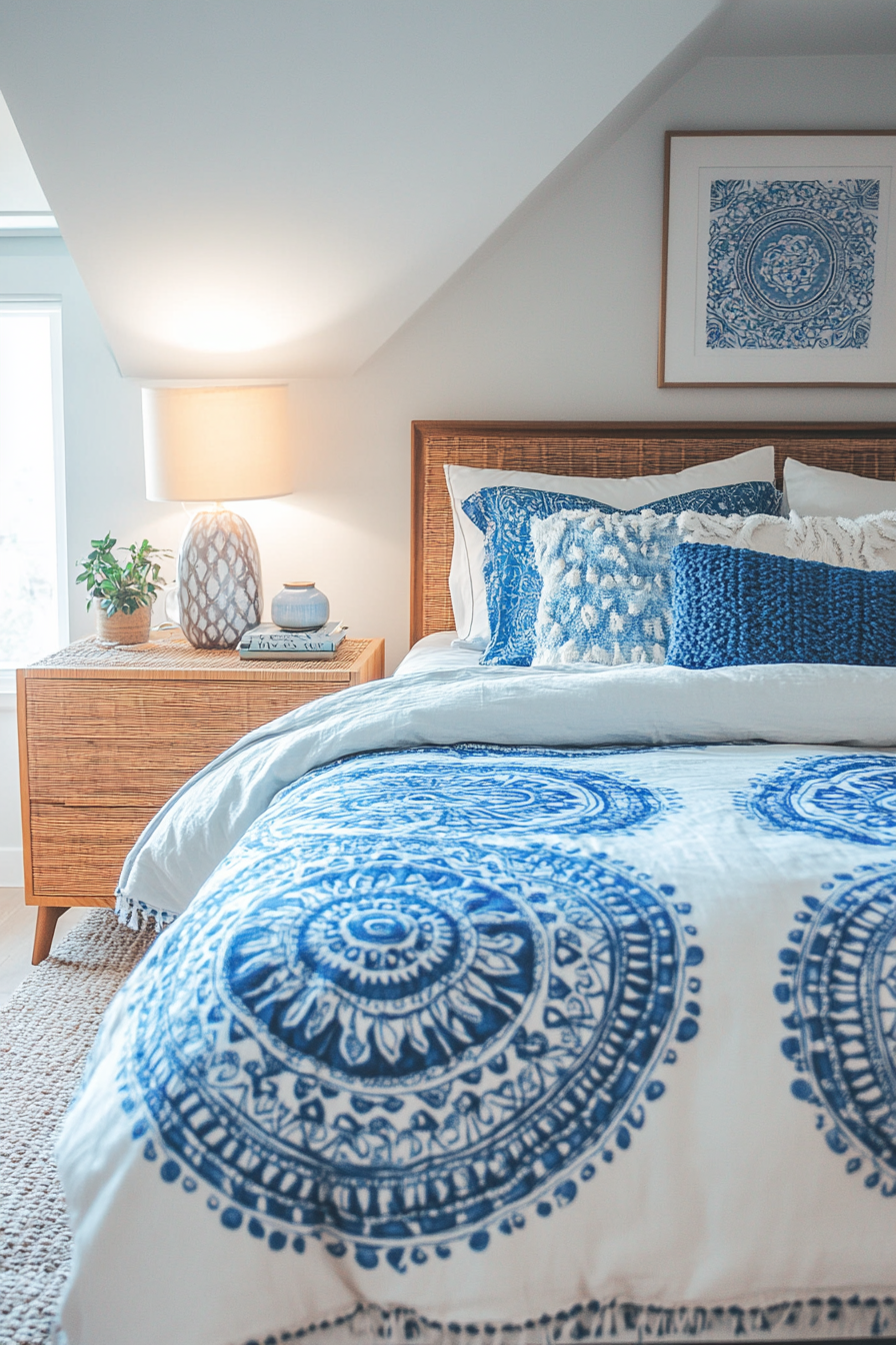 Teen boho bedroom makeover. Bed with blue and white mandala pattern duvet.