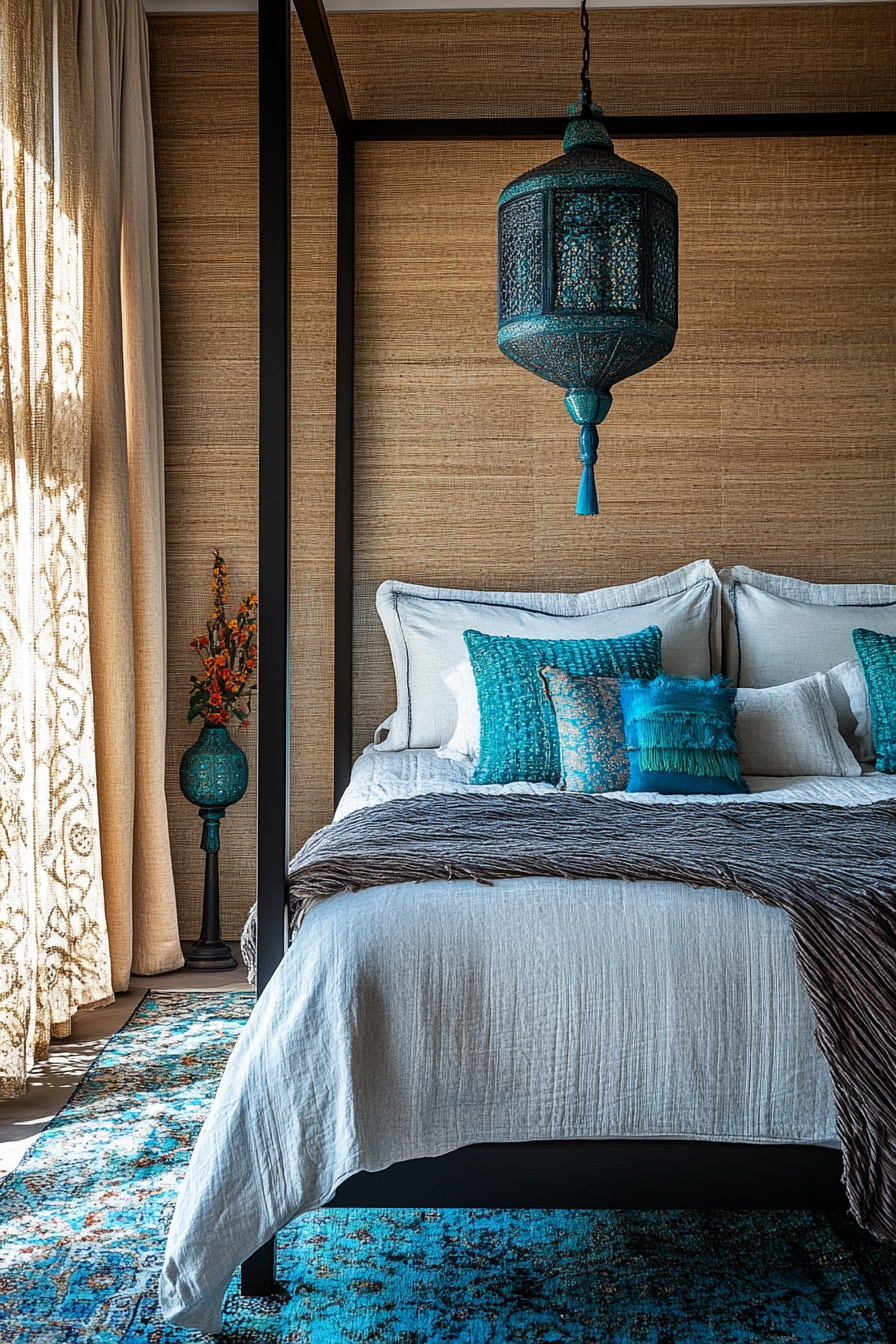 Bedroom design. Four poster bed with Moroccan-inspired textures and turquoise accents.