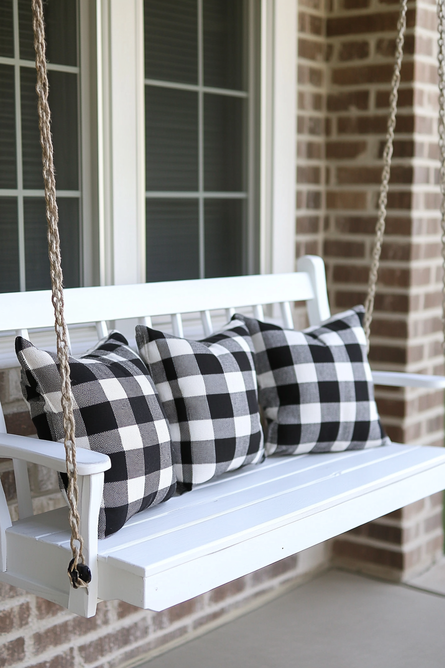 Front porch design. White wooden swing with plaid cushions.