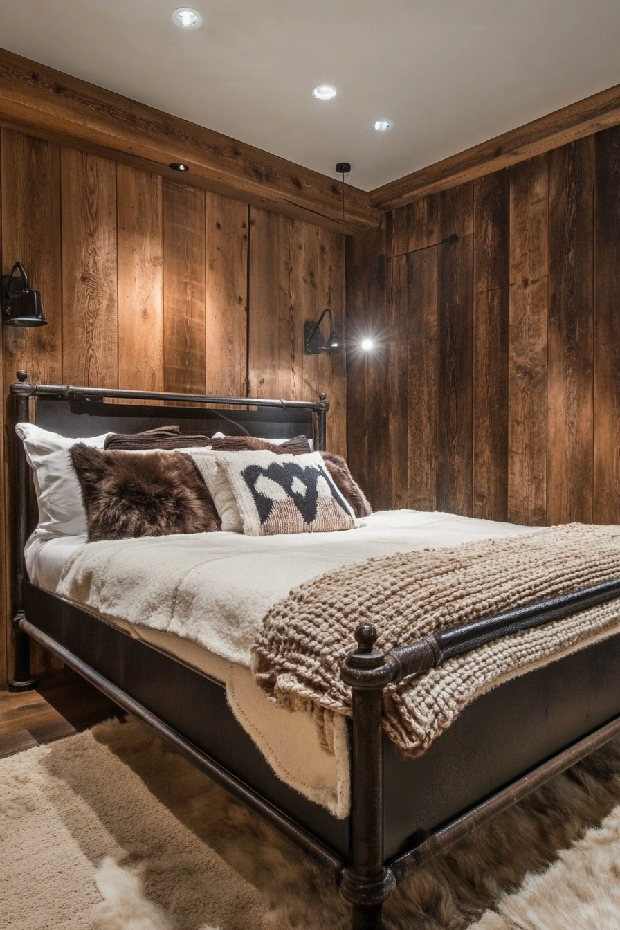 Bedroom. Rustic wood-paneled bed with industrial metal frame.