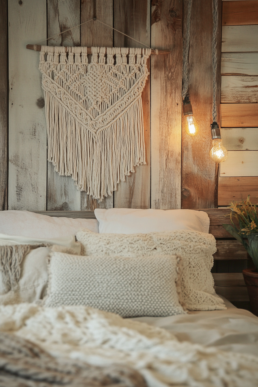 Boho bedroom makeover. Macrame wall hanging on a distressed wooden wall.