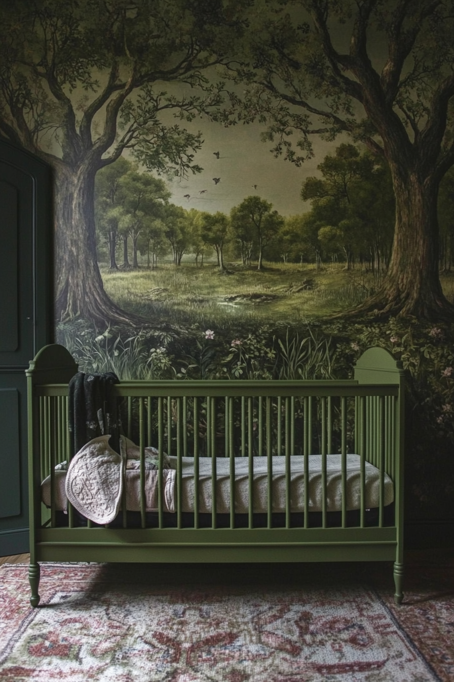 Woodland nursery. Moss-green crib under a murals of ancient oaks.