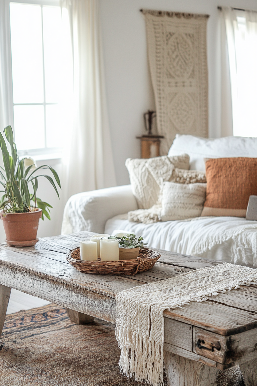 Boho-Farmhouse living space. Distressed wood coffee table with macrame table runner.