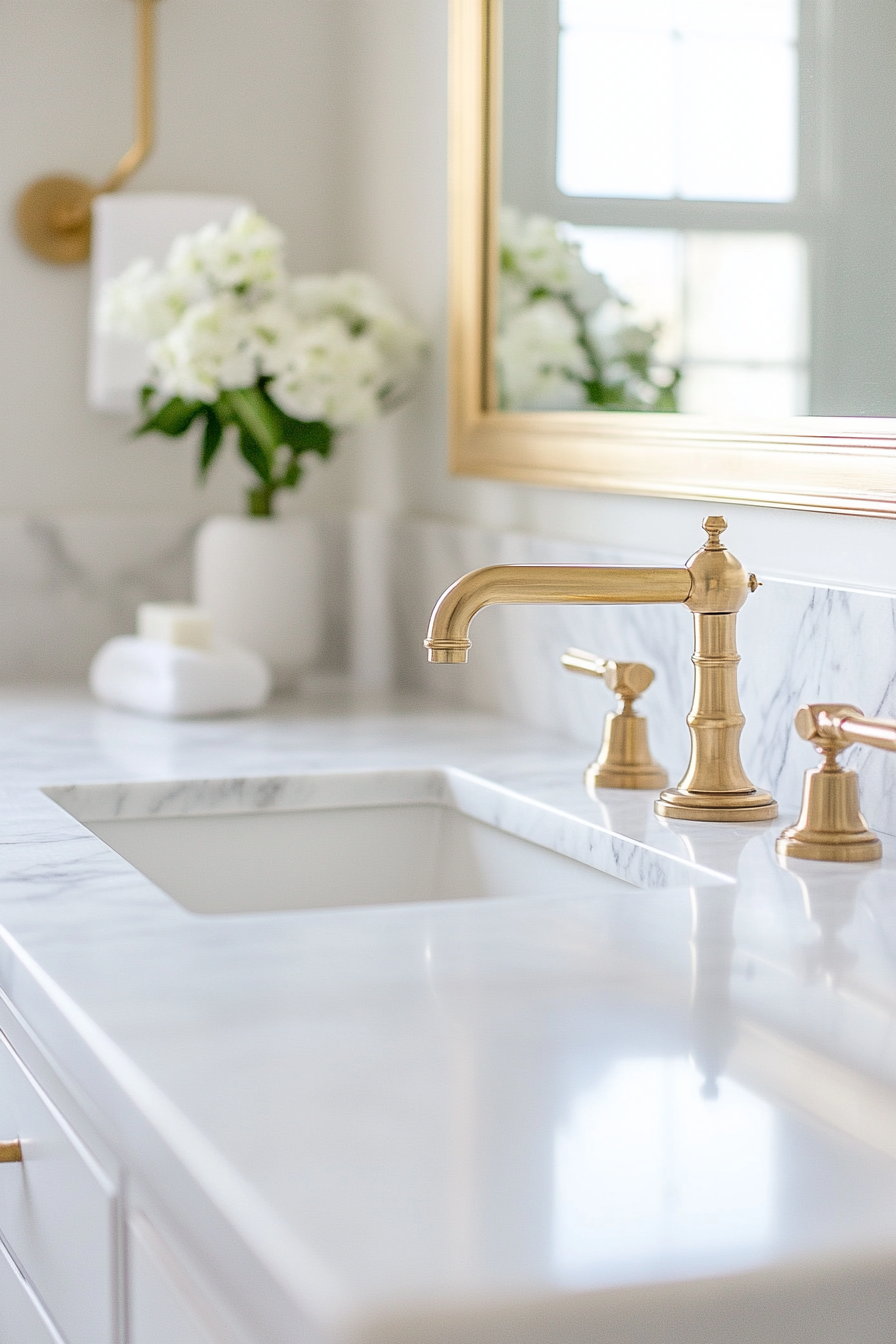 Modern bathroom update. Marble countertop with brass fixtures.