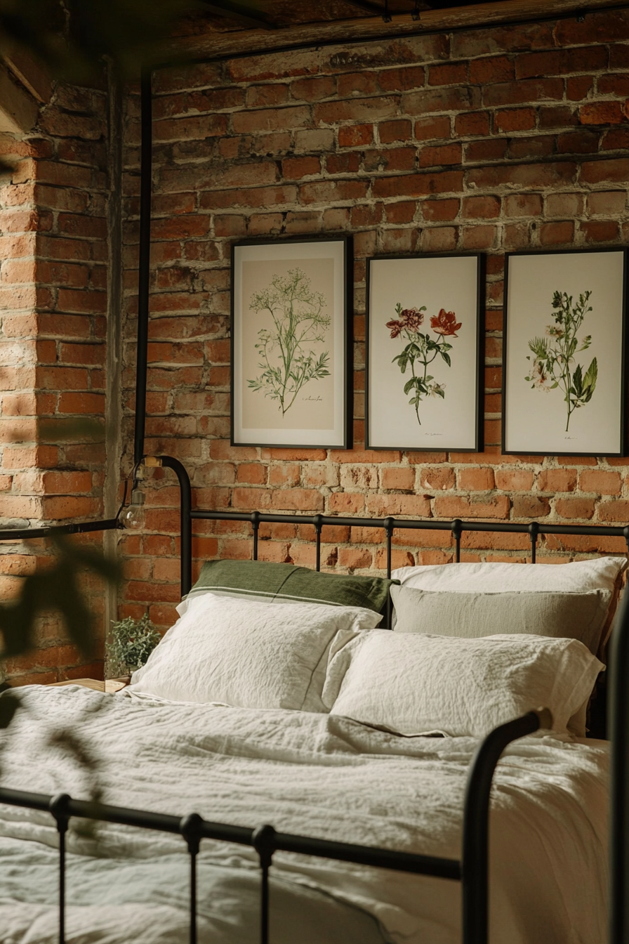 Cottagecore-Industrial bedroom. Exposed brick walls with hanging botanical prints.