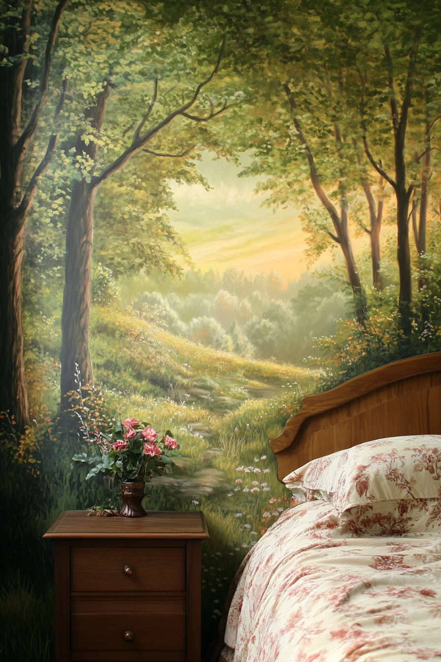 Bedroom design. Mural of untouched woodland on a feature wall.