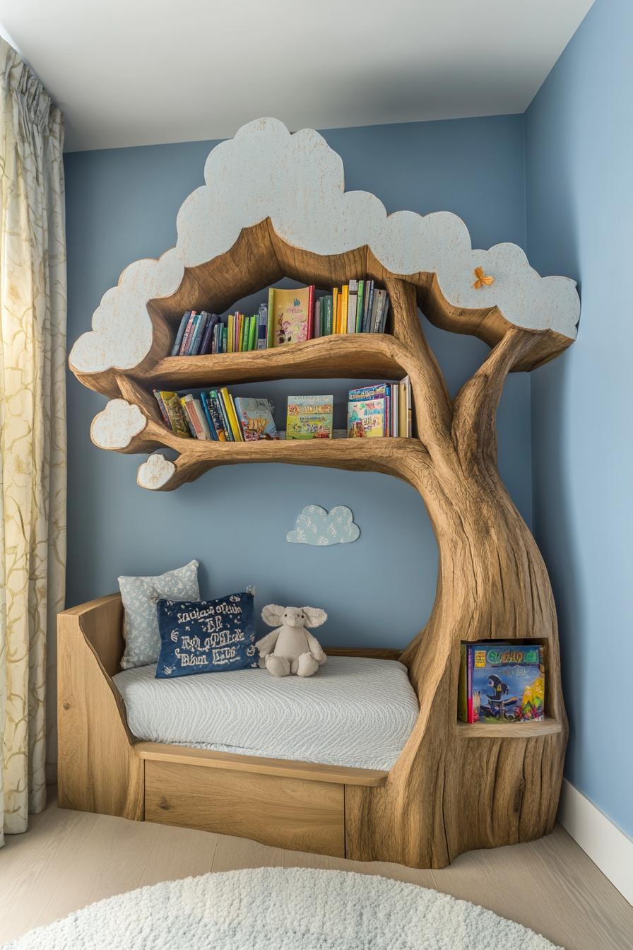 Woodland nursery. Fairytale-inspired tree bookshelf against sky blue walls.