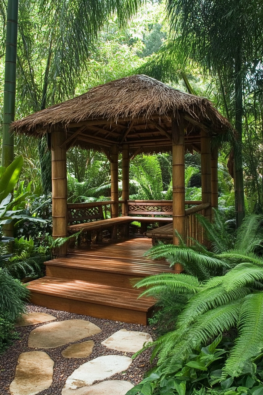 Backyard garden retreat. Secluded bamboo gazebo with green tropical ferns.