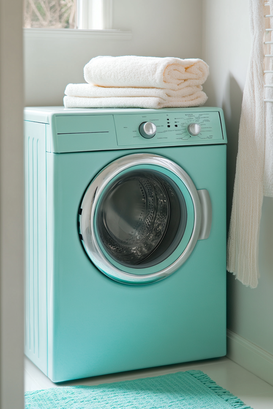 Vintage-modern laundry room. Retro washing machine in mint hue.