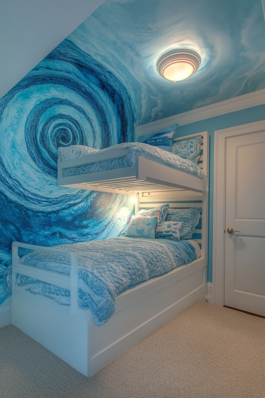 Bedroom design. Twin loft bed with azure color-themed spiral wall mural.