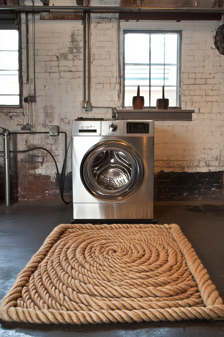 Vintage-modern laundry room. Industrial washer with braided rug.