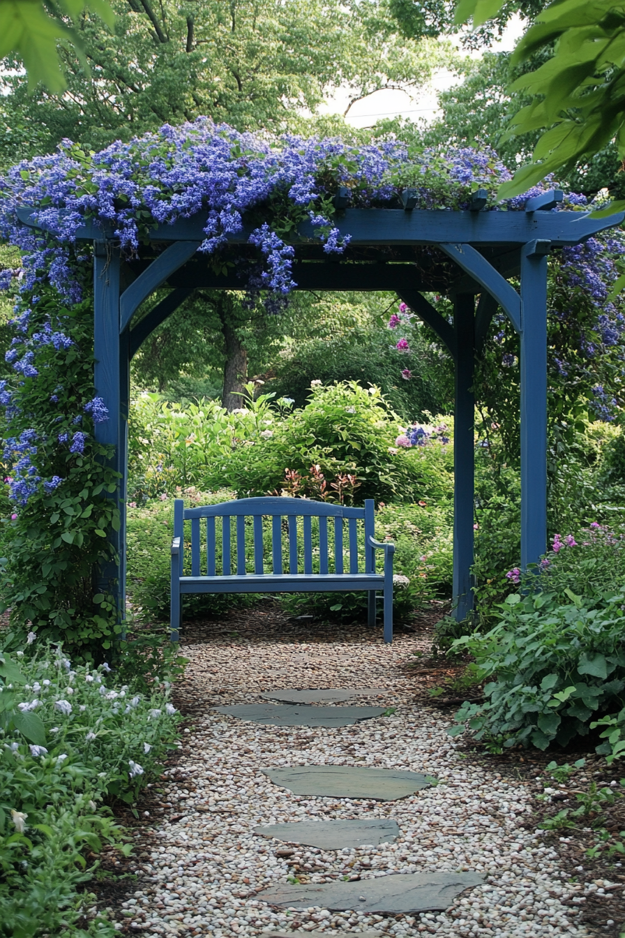 Backyard garden retreat. Blue garden pergola adorned with crawling honeysuckles.