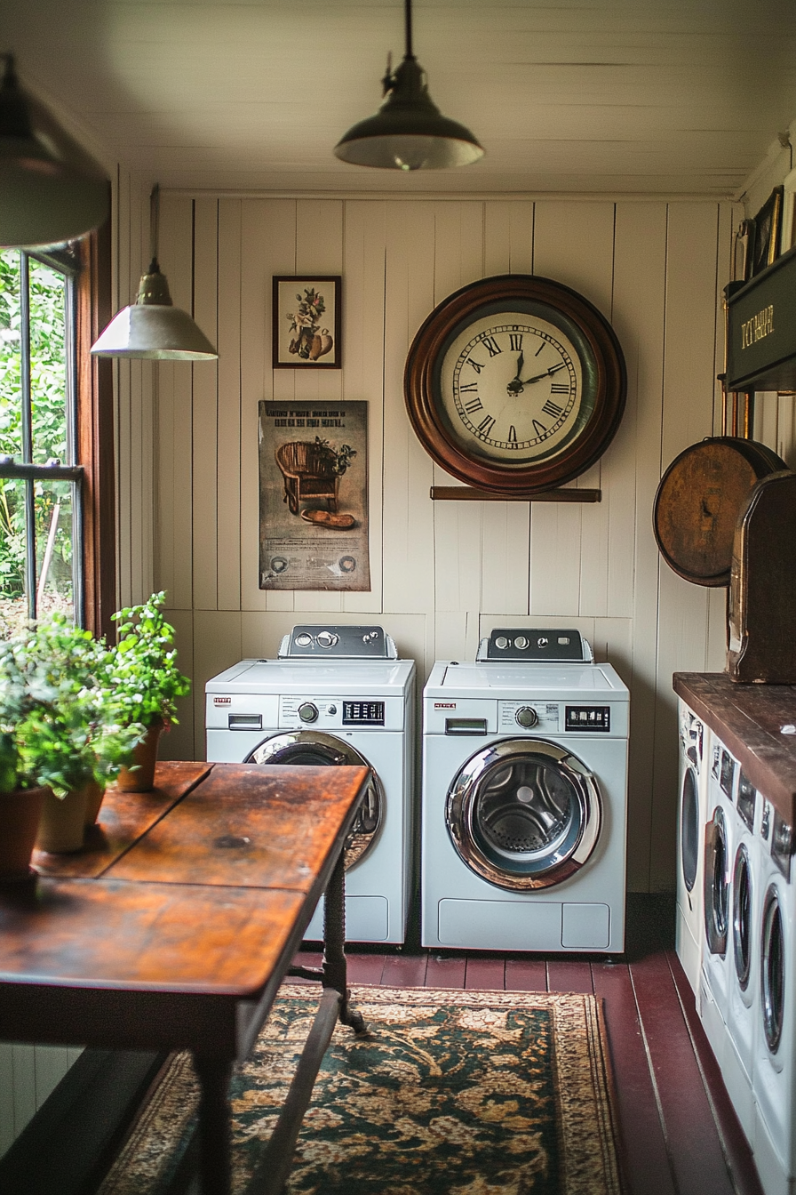 Vintage-Modern Laundry Room. Victorian-style table, modern washing machines, early 20th century wall clock.