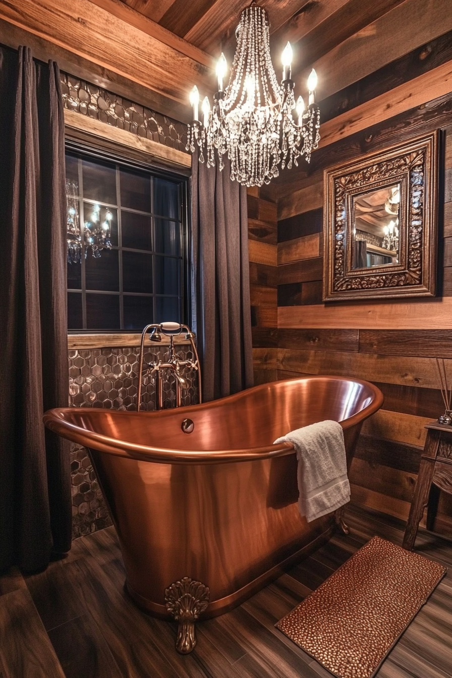 Glam-Rustic Bathroom. Freestanding copper bathtub with chandelier-style pendant lighting.