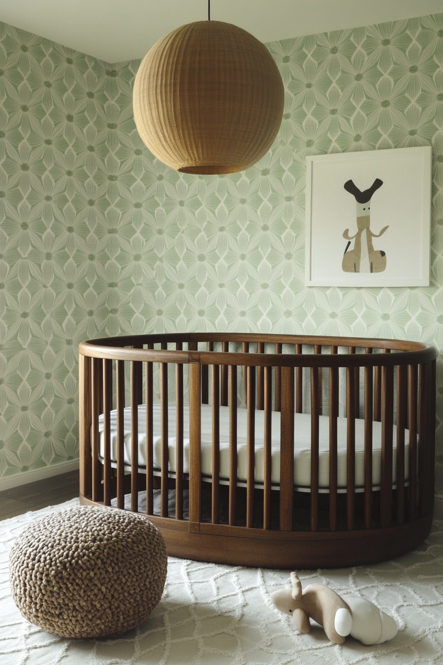 Contemporary baby room. Pale green geometric-patterned wallpaper with round brown crib.