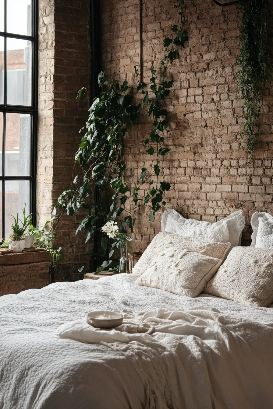 Cottagecore-Industrial Bedroom. Earth-toned brick wall adorned with climbing ivy.