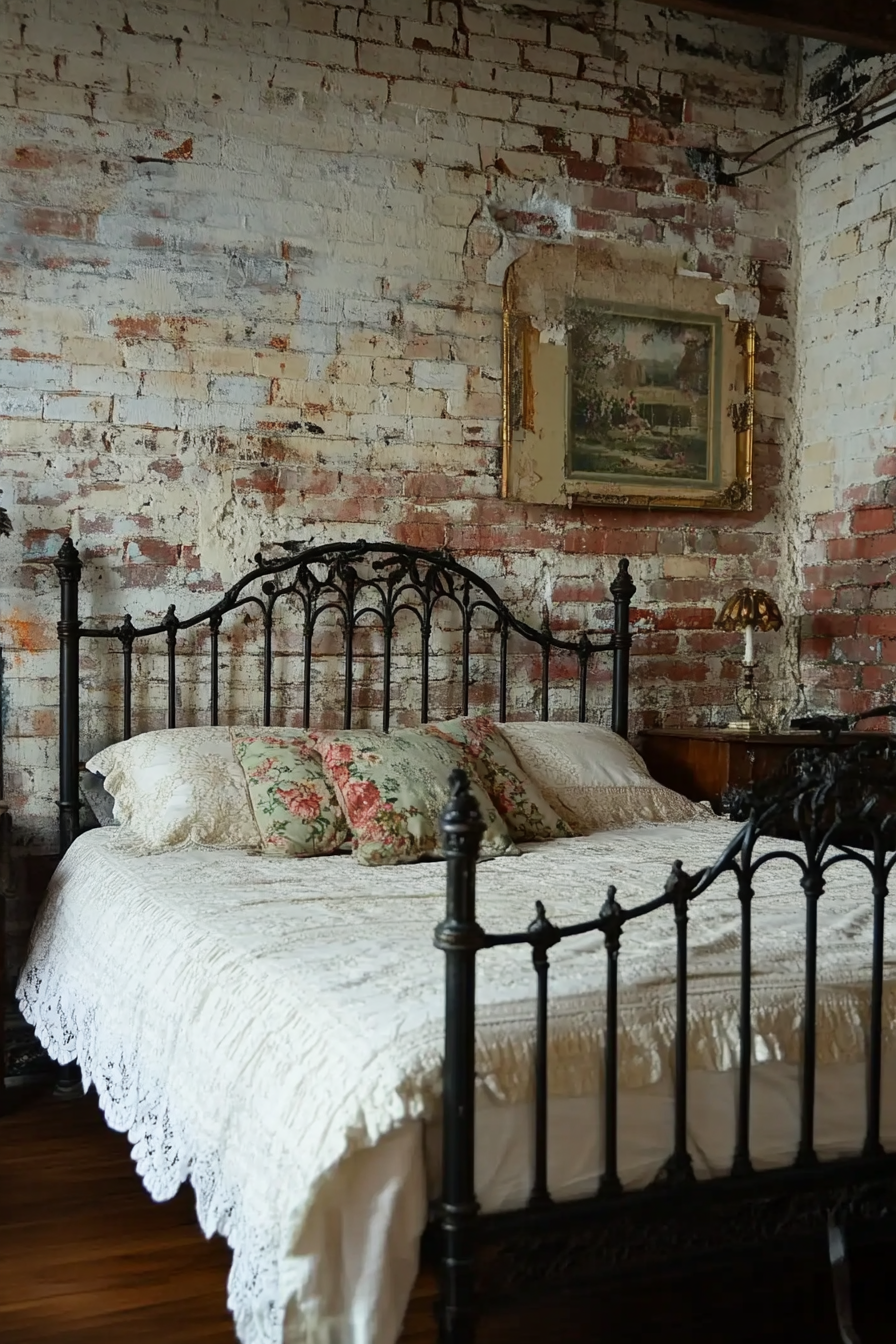 Bedroom. Antique wrought-iron bed against distressed brick wall.