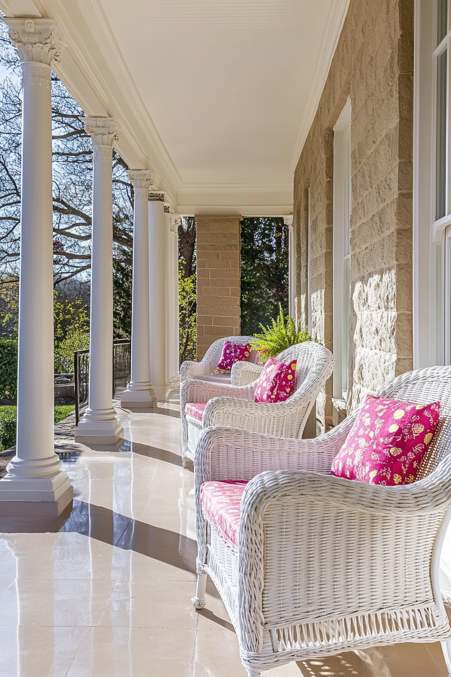 Front porch design. White wicker furniture with colorful cushions.