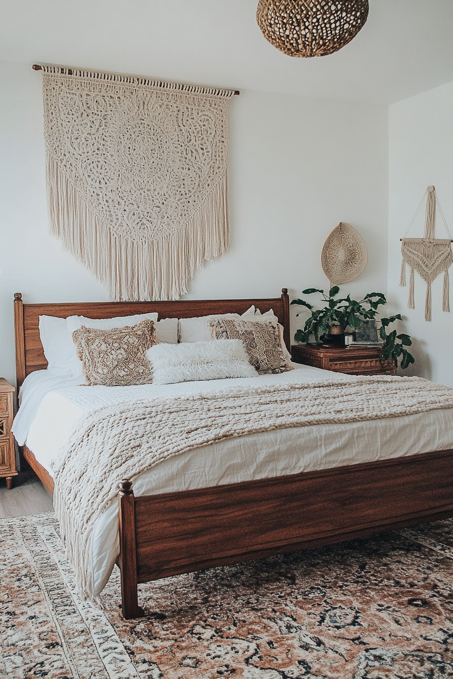 Boho Bedroom Makeover. Mahogany wood bed decorated with macrame wall hangings.