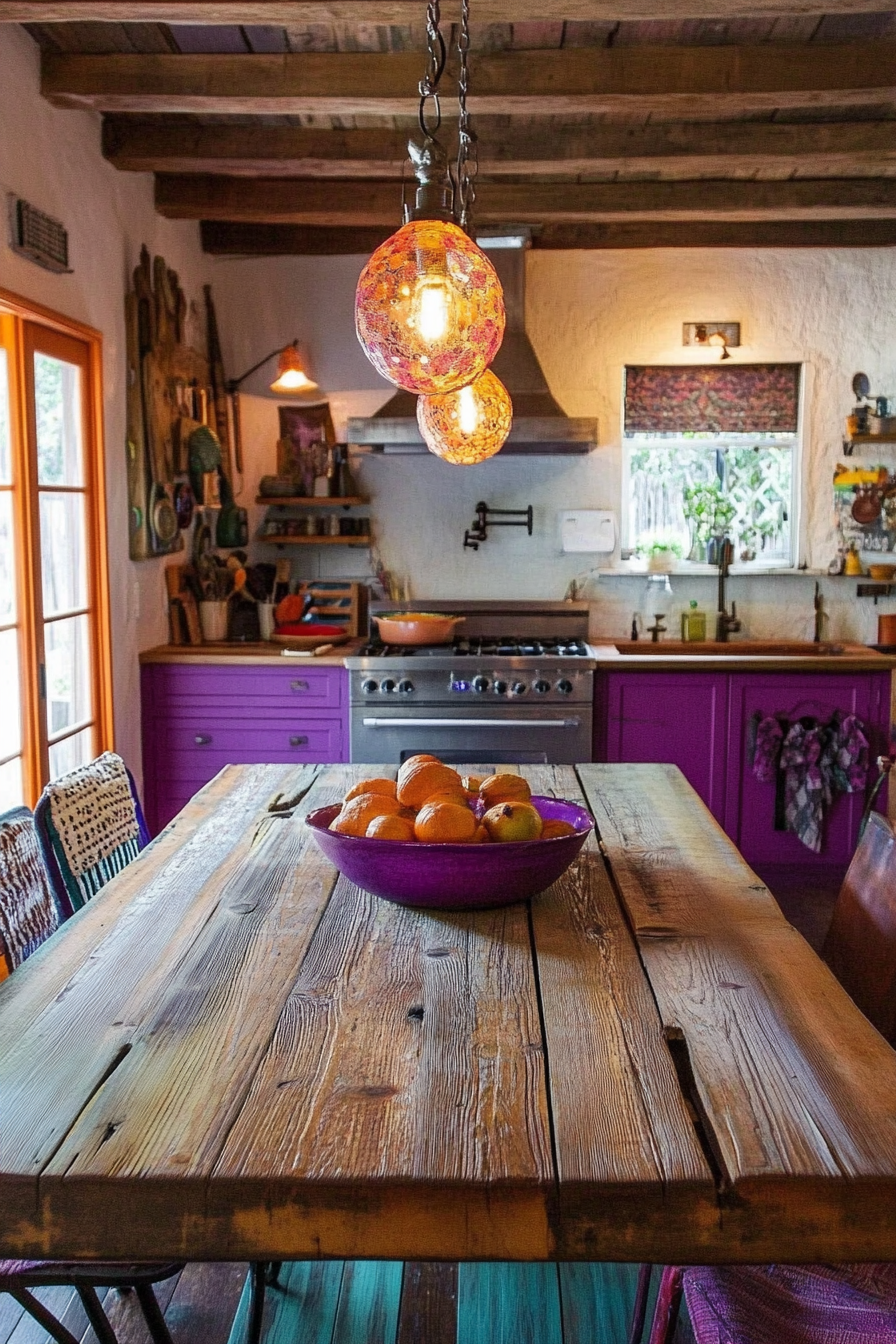 Bohemian kitchen style. Rustic wooden table with radiant orchid accent pieces.