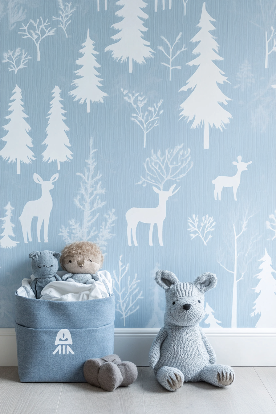 Woodland nursery. Light blue wallpaper with silhouettes of forest animals.