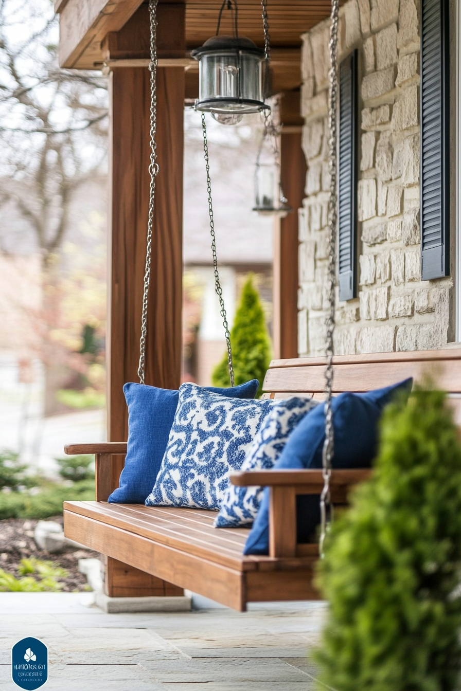 Front porch design. Wooden swing with blue throw pillows.