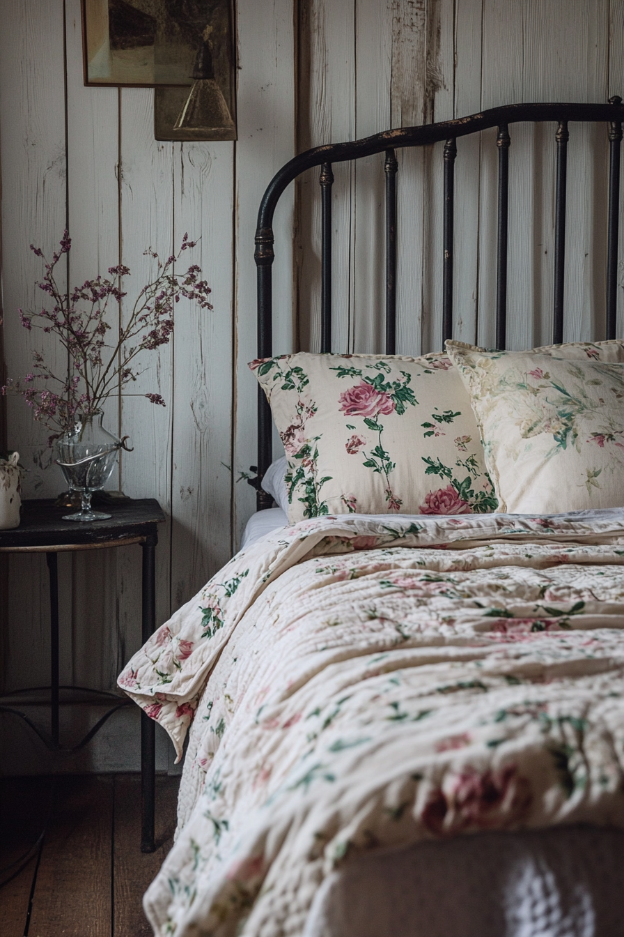 Cottagecore-Industrial bedroom. Victorian iron bed with floral linen.