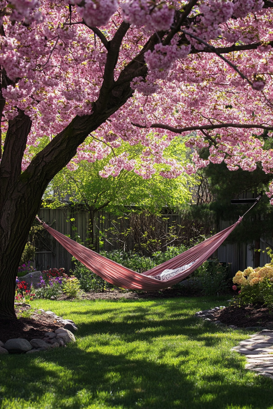 Backyard Garden Retreat. Hammock beneath a flowering cherry blossom tree.