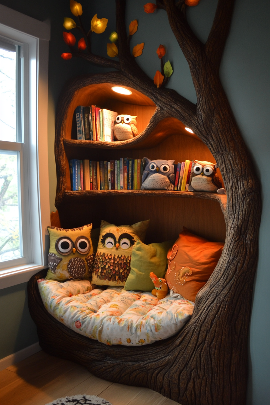 Woodland nursery. Tree-shaped bookshelf with owl-shaped cushions.